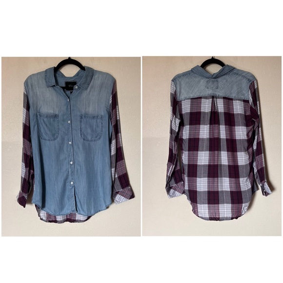 NWT Rails Harper Tencel Collar Button Down Chambray Denim Plaid Long Sleeve Top - Picture 4 of 17